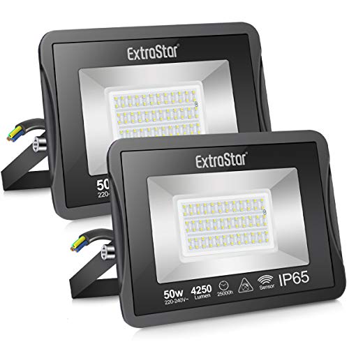 Extrastar Focos LED exterior con sensor de movimiento 50W luz fria [Clase de eficiencia energética A+]Pack 2 unidades (6500K,50W
