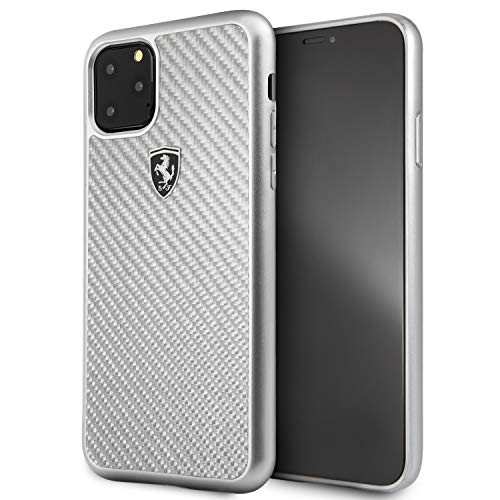 Ferrari - Funda de fibra de carbono para iPhone 11 Pro Max, carcasa rígida de carbono negro con protección contra caídas, absorción de golpes, con licencia oficial (plateada)