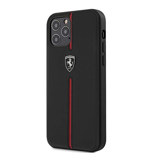 Ferrari Funda de piel negra y roja con logotipo plateado compatible con Apple iPhone 12 y iPhone 12 Pro (6,1 pulgadas).