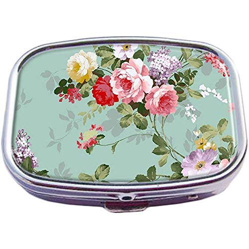 Fleurette Brown & Red Floral Custom Fashion Silver Square Pill Box Medicine Tablet Holder Wallet Organizer Case para bolsillo o monedero