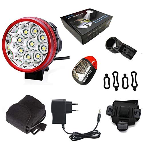 Foco delantero, luz trasera solar y cargador de Ponatia, superbrillante, 9 LED CREE XM-L T6 de 15 000 lúmenes, para correr, pescar, acampar, andar en bicicleta, rojo Foco delantero, luz trasera solar y cargador de Ponatia, superbrillante, 9 LED CREE XM-L T6 de 15 000 lúmenes, para correr, pescar, acampar, andar en bicicleta, rojo