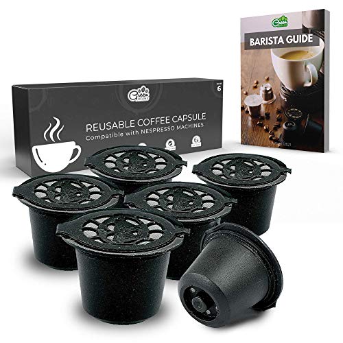 Green BEANS Cápsula de café de plástico reutilizable con colador de acero inoxidable para cafeteras NESPRESSO Juego de 6 + Guía del barista GRATIS [E-Book]