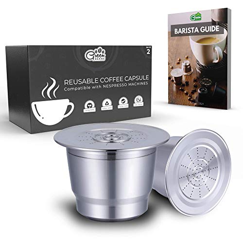 Green BEANS Cápsulas de café de acero inoxidable reutilizables para máquinas de café NESPRESSO set de 2 + Guía del barista GRATIS [E-Book]