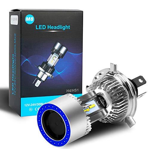 H4 HS1 Bombilla LED para faros delanteros de motocicleta con ojo de ángel azul, faro LED alto / bajo, 12-24 V, 2500 lm, alto brillo, 6000 K (paquete de 1)
