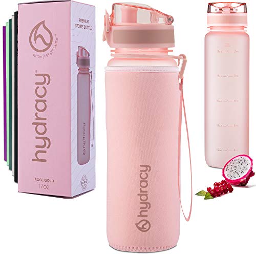 Hydracy Botella de Agua 1 Litro con Marcador de Tiempo - Sin BPA con Filtro de Infusión de Frutas - Antigoteo y sin Sudor - Ideal para el Ejercicio y los Deportes al Aire Libre - Rosa Gold