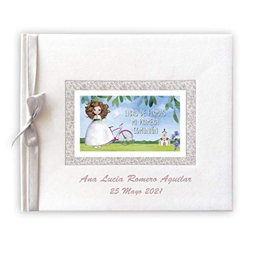 Libro de firmas para comunión color blanco con espiga PERSONALIZADO con grabado en la portada de nombre y fecha (niña bicicleta) Libro de firmas para comunión color blanco con espiga PERSONALIZADO con grabado en la portada de nombre y fecha (niña bicicleta)