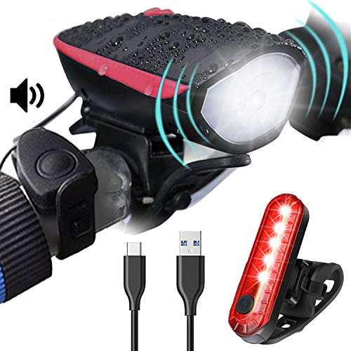 Luz Bicicleta Kit con Timbres Sirena,Conjuntos de Faros Delanteros y Traseros Para Ciclismo,Recargable USB, Luz LED Bicicleta Electrica para Patinete Electrico Carretera y Montaña