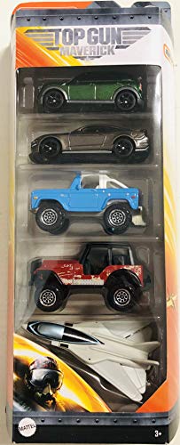 Matchbox Top Gun Maverick paquete de 5 #1- 4 vehículos y 1 réplicas de avión de la película 1972 Ford Bronco Jeep 4x4 2019 Ford Mustang 2011 Mini Countryman