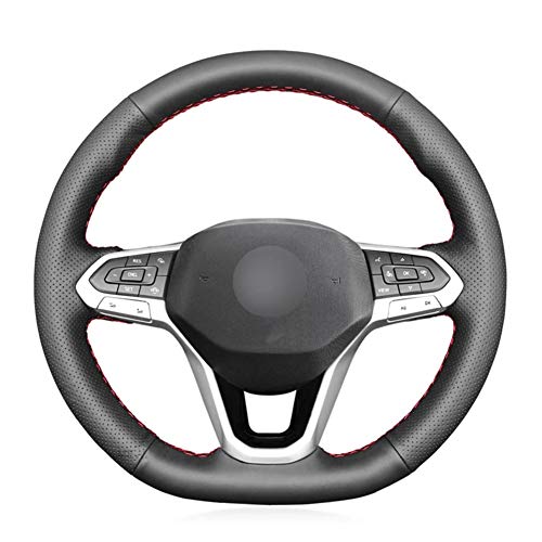 MioeDI Hand-Stitched Black Leather Car Steering Wheel Cover, For Volkswagen VW Golf 8 2020 Atlas 2020 2021
