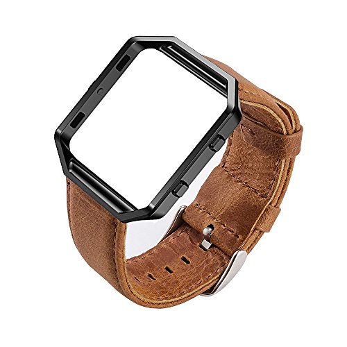 MroTech Compatible para Fitbit Blaze Correa con Marco Correa de Reloj de Cuero Genuino Vintage Pulseras de Repuesto Compatible Fitbit Blaze Smartwatch (Pulsera Marrón, Marco Negro)