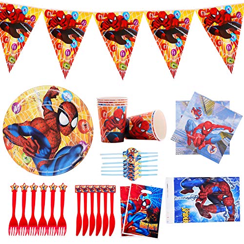 Suministros Vajilla de Fiesta Set, Juego Vajilla Fiesta Cumpleaños, Kit de Decoraciones de Cumpleaños de Spiderman, Suministros de Fiesta Temáticos de Superhéroes
