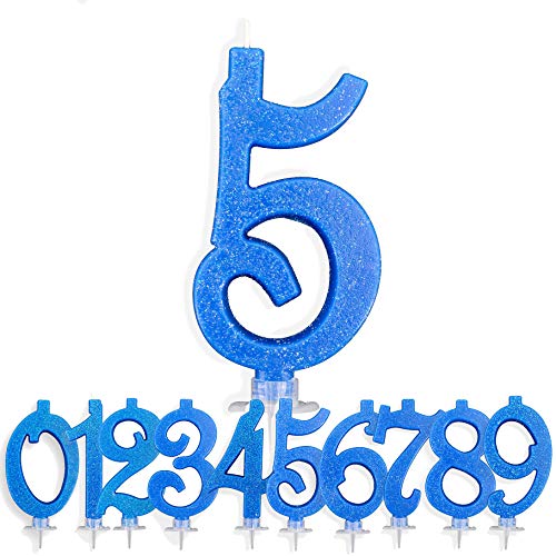 Velas de Cumpleaños de 5 años especiales con números grandes color azul, decoración tarta Happy Birthday Niño Hombre | Velas Topper felicitaciones de aniversario | Compone tus años (Número 5)