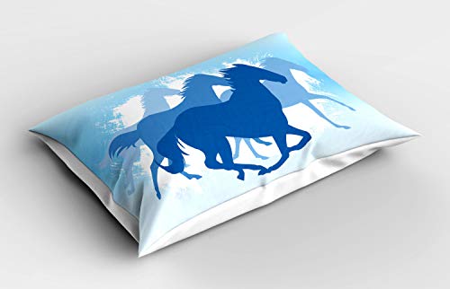 ABAKUHAUS Animal Funda de Almohada, Tonos Azules Caballos galopantes, Decorativa Estampada Tamaño Standard Dos Plazas, 65 X 50 cm, Azul de Cobalto y Azul Claro