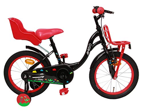 Amigo Spring - Bicicleta Infantil de 16 Pulgadas - para niñas de 4 a 6 años - con V-Brake, Freno de Retroceso, portaequipajes Delantero, Asiento para muñecas y ruedines - Negro