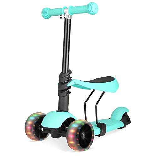 Bamny Patinetes de 3 Ruedas Amplias, Scooter para Niños 1 a 5 Años con Asiento Extraíble, Manillar Altura Adjustable, Led Luces, Verde