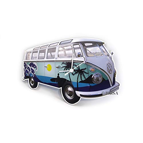 Brisa VW Collection - Volkswagen Furgoneta Hippie Bus T1 Van Reloj de Pared en Estilo Vintage de MDF, Cronómetro Decorativo sin Dígitos, Decoración de Cocina/Hogar/Oficina (Surf/Azul)