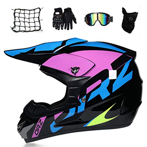 Casco Motocross Mujer Negro y Morado, Casco Moto Cross Niño (5 Piezas/Gafas/Máscara/Guantes/Red Elástica) /para MX Quad Off Road ATV Scooter Enduro (S, M, L, XL),M