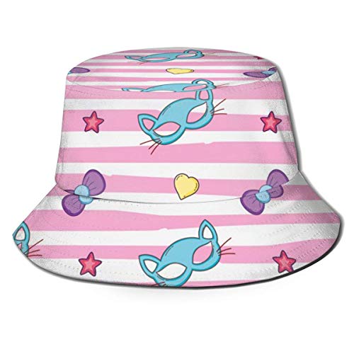 Chic Star Peach Heart Mask Bow Pink Stripes Fold Packable Fishermans Hat, Mujer Hombre Verano Hawaii Moda Sun UV Protección Boonie Sombreros Gorra de Camionero para Viajes Pesca al Aire Libre