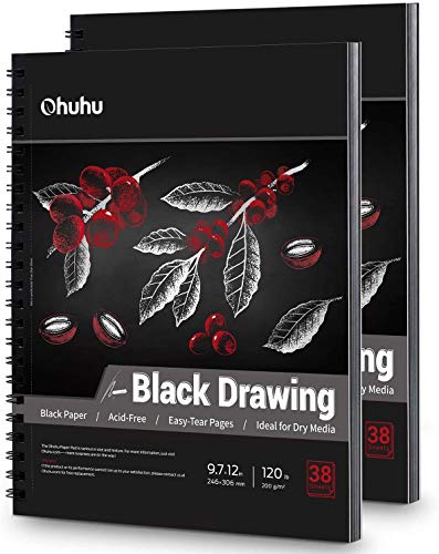 Cuaderno de bocetos negro paquete de 2, Ohuhu246 x 305 mm bloc de dibujo negro 76 páginas, 120 lb/200gsm papel pesado encuadernado en espiral para dibujar y esbozar