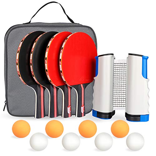 Fostoy Raquetas de Tenis de Mesa,Sets de Ping Pong 4 Raquetas + 8 Bolas + 1 Red retráctil, Conjunto de Pingpong Set Portátil para Interior al Aire Libre