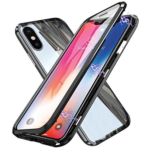 Funda para iPhone X/XS Magnetica Adsorption Carcasa 360 Grados Frente y Parte Posterior Cuerpo Completo Transparente Vidrio Templado Protección Metal Choque Cover Case - Negro