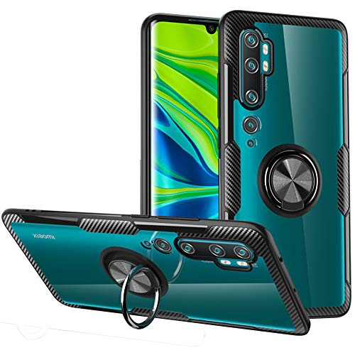 Funda Xiaomi Mi Note 10 / Note 10 Pro, funda protectora de diseño de fibra de carbono transparente con soporte giratorio para agarre de anillo de dedo para Xiaomi Mi Note 10 / Note 10 Pro (Negro)