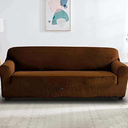 Furlinic Funda Sofa Elastica 4 Plazas Textile Anti Perros Antideslizante Poliéster Terciopelo Adaptable Fundas Sofa Relax Protectora Antipelos Café 238-300cm