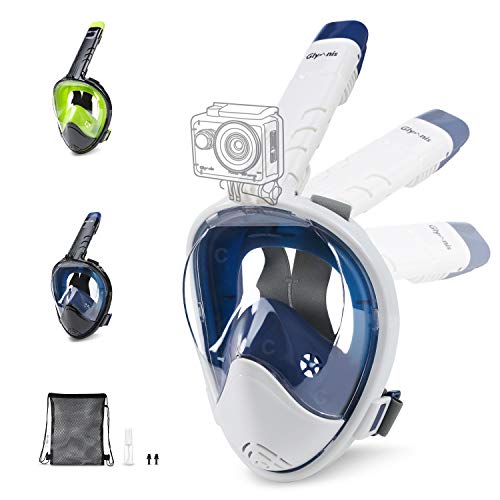 Glymnis Máscara de Buceo 180° Máscara Snorkel Anti-Fuga Gafas Cara Completa con Agente Antivaho Apoyo Camara Deportiva (Blanco y Azul, L/XL)