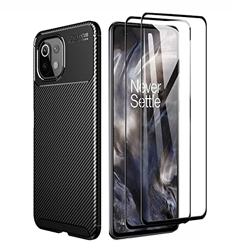 GOKEN Funda para Xiaomi Mi 11 Lite 5G | Mi 11 Lite y 2 Piezas Cristal Templado, TPU Silicona Fibra de Carbono Protección Carcasa, Bumper Caso Case Cover con Shock- Absorción, Negro