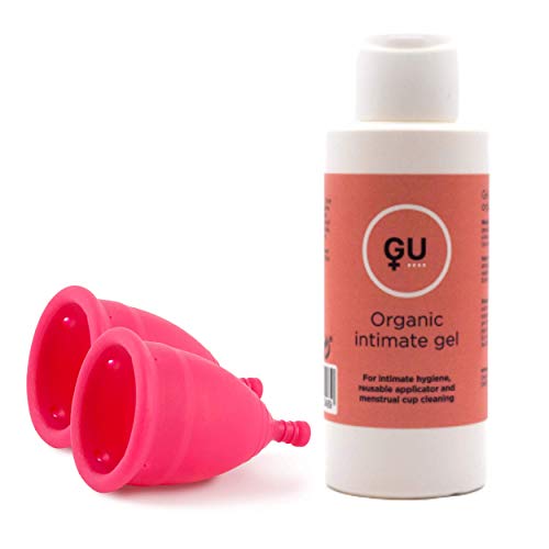 GU Woman - 2 Copas Menstruales + Gel Íntimo Orgánico - Talla M - Sin Silicona - Comodidad y Protección Garantizadas - Sistema Antifugas - Fabricadas en España - No Testadas en Animales