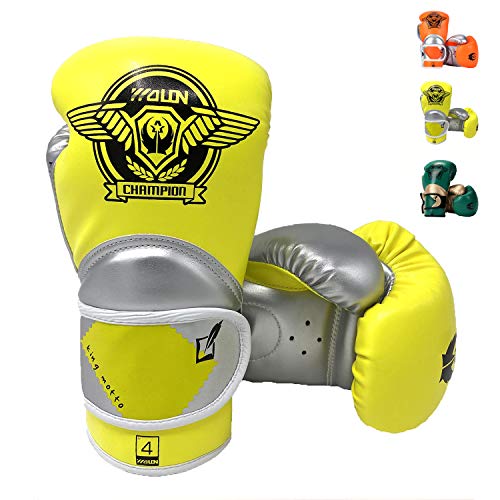 HUINING Guantes de boxeo para niños, entrenamiento para niños de 3 a 15 años, dibujos animados Sparring Junior Punch PU cuero guantes de boxeo de protección juvenil (plata amarilla, 4 oz)