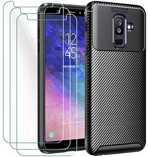 ivoler Funda para Samsung Galaxy A6+ 2018 / A6 Plus 2018 + 3 Unidades Cristal Templado, Fibra de Carbono Negro TPU Suave de Silicona [Carcasa + Vidrio Templado] Caso y Protector de Pantalla