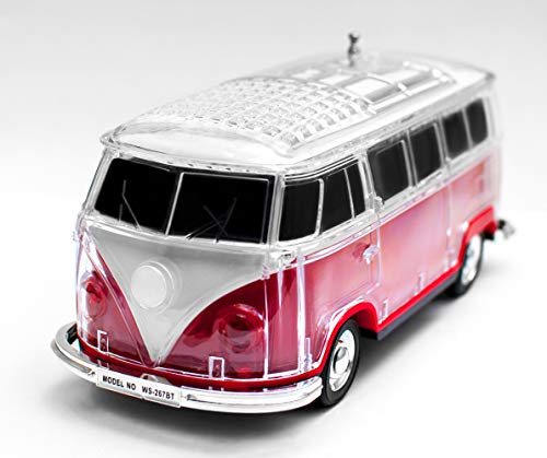 JeVx Altavoz Bluetooth Furgoneta Volkswagen T1 T2 - con Bateria Recargable Luz Led USB para Pendrive Lector de Tarjetas Micro SD Radio FM Portatil Reproductor de Musica Mp3 Maqueta de VW Van Rojo