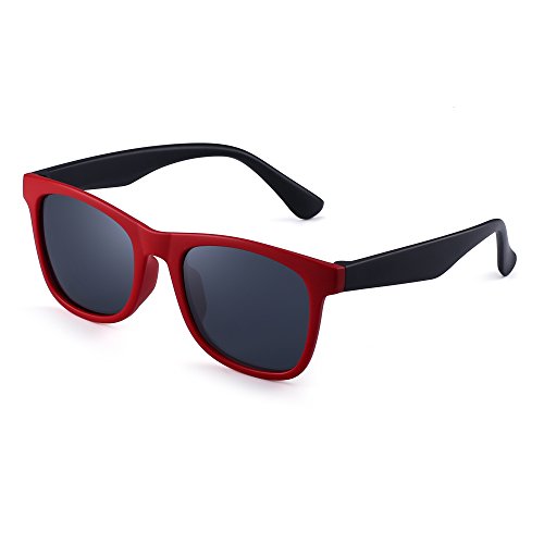 JM Polarizadas Niños Gafas de Sol Goma Chicas Chicos Hijos Flexible Anteojos Años 3-12(Rojo Negro/Gris Polarizado)