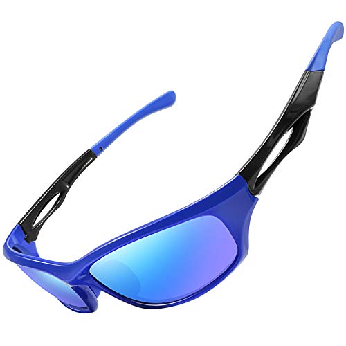 Joopin Gafas de Sol Deportivas Polarizadas con Protección UV 400 Gafas de Ciclismo, Bicicleta Montaña Moto, Golf y Deportes al Aire Libre para Hombres y Mujeres Marco azul Lente con espejo azul