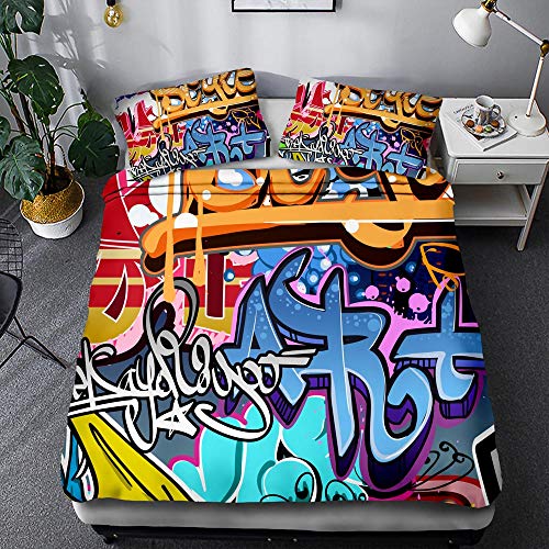Juego de sábanas con Funda nórdica de Microfibra de Alta Gama con Dos Fundas de Almohada Color Graffiti Moda Hip Hop (Style 07, (150x200cm)-Cama de 90)