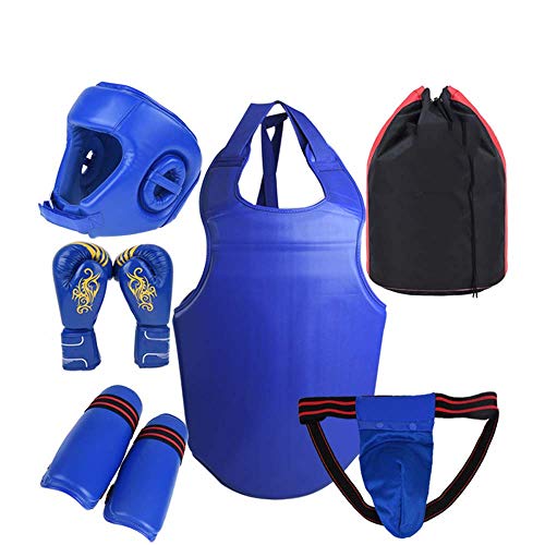 JXS 5 Piezas de Sanda Profesionales Protectores-Protector de Pecho, Protector de Cabeza, Protector de piernas, Coquilla, Guantes de Boxeo,Azul,181~185cm