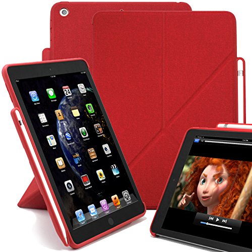 KHOMO Funda Horizontal y Vertical con Soporte para iPad de 9,7 Pulgadas (2017 y 2018) con Soporte para bolígrafo, Serie Dual Origami, Color Rojo