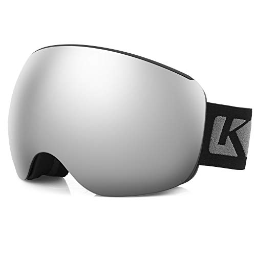 KUTOOK Gafas Esquí Hombre Mujer 100% UV400 Protección Gafas De Ventisca Ski OTG Máscara Snowboard Nieve Adultos Lente Anti Vaho De Doble Capa(Plateado-VLT 12.6%-14.1%)