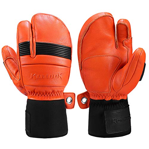 KUTOOK Guantes Manoplas Esquí De Piel Cuero 3M Thinsulate Guantes Snowboard Cálidos Hombre Mujer con Membrana Impermeable Guantes Nieve Invierno Guantes Ski(Naranja-L)