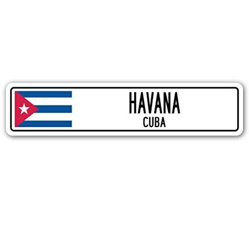 Letrero decorativo divertido de La Habana, Cuba Street Sign Bandera Cubana, Ciudad, País, Carretera, Regalo de pared de metal de aluminio para garajes, sala de estar 10 x 40 cm