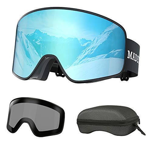 MADEYES Gafas de esquí, Magnético Intercambiables 2 Lentes, Anti-Niebla Anti-Reflej, Gafas Esqui Snowboard, Hombre Mujer Juventud (Azul)