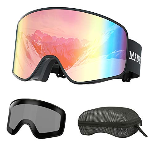 MADEYES Gafas de esquí, Magnético Intercambiables 2 Lentes, Anti-Niebla Anti-Reflej, Gafas Esqui Snowboard, Hombre Mujer Juventud (Rojo)