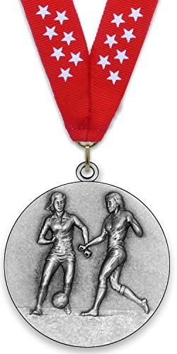 Medalla de Metal Personalizable - Fútbol Femenino - Color Plata - 6,4cm - Cinta Incluida - Colores de Cinta - Roja-Estrellas Blancas