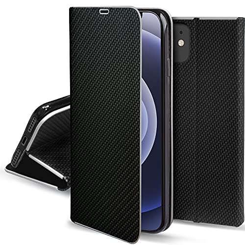 Moozy Funda con Tapa para iPhone 12 Mini, Carbono Negro – Flip Cover con Bordes Metalizados de Protección Elegante, Soporte y Tarjetero
