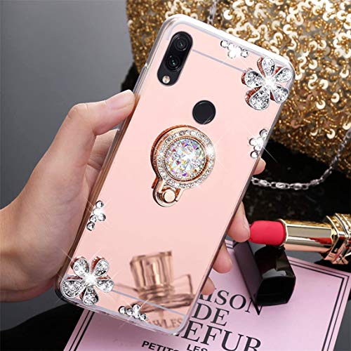 MRSTER Funda Compatible con Xiaomi Redmi Note 7, Brillante Brillo Suave Silicona TPU Gel Parachoques Espejo Funda con Soporte Giratorio de 360 Grados para Xiaomi Redmi Note 7. ZS Diamond Rose Gold