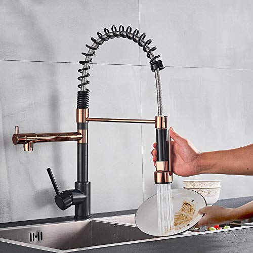 Negro y rosa Golden Spring Pull Down Grifo del fregadero de la cocina Mezclador de agua fría y caliente Grifo de grúa con doble caño montado en la plataforma Negro y rosa Golden Spring Pull Down Grifo del fregadero de la cocina Mezclador de agua fría y caliente Grifo de grúa con doble caño montado en la plataforma
