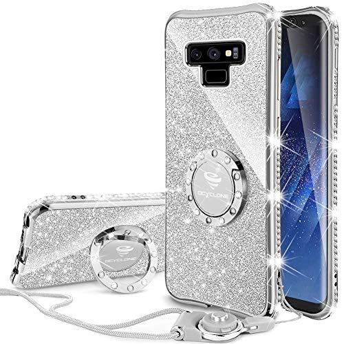 OCYCLONE Galaxy Note 9 Case, Cristal Rhinestone Glitter Bling TPU Bumper Brillante Diamante Protector Funda con Soporte Ring Kickstand de 360 Grados Carcasa para Samsung Galaxy Note 9 - Plata