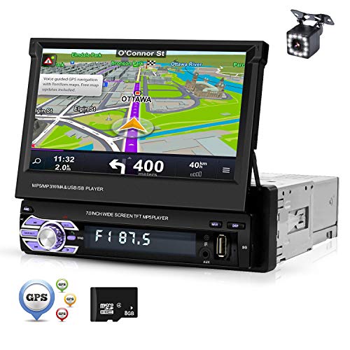 Pantalla 1 Din Radio de coche Bluetooth Navegación GPS Europa, ZIJIN Pantalla retráctil de 7 "Radio de coche Mp5 HD Mirror Link Memoria de grabación FM USB Control del volante + Cámara de marcha atrás