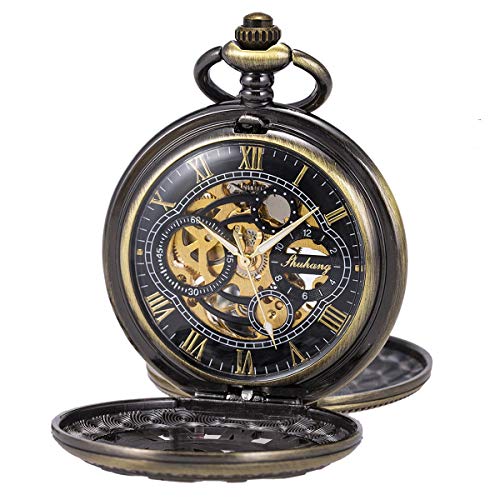 Reloj de Bolsillo Esqueleto Mecánico Caja Doble Mano Viento SIBOSUN Números Romanos Caja Cadena Antigua Bronce Reloj de Bolsillo Esqueleto Mecánico Caja Doble Mano Viento SIBOSUN Números Romanos Caja Cadena Antigua Bronce